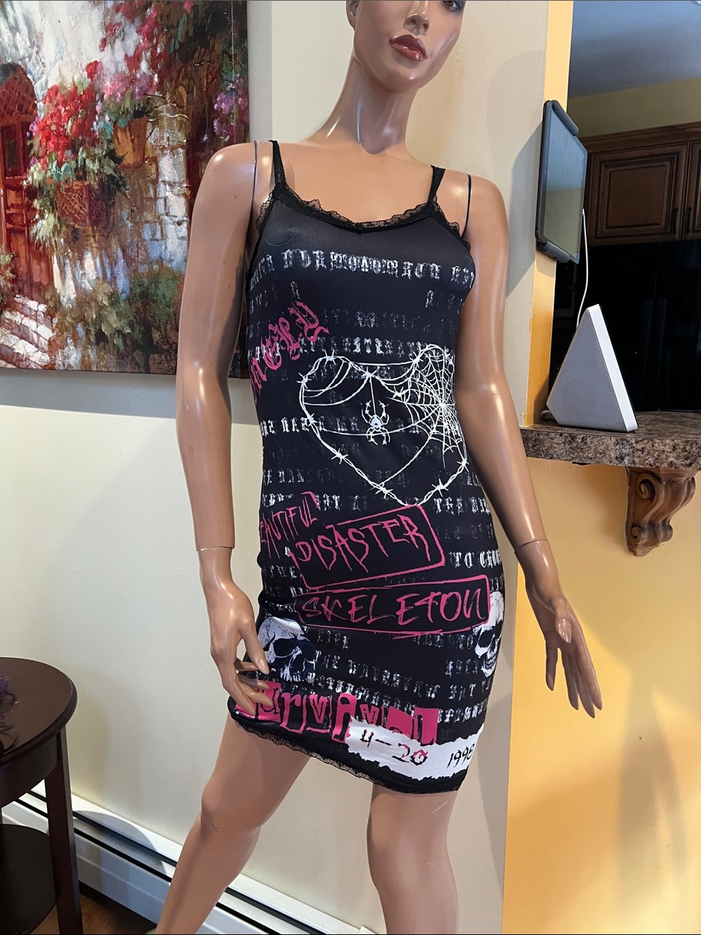 Black Graffiti punk S Skull Slip Dress with Pink beautiful disaster nwt